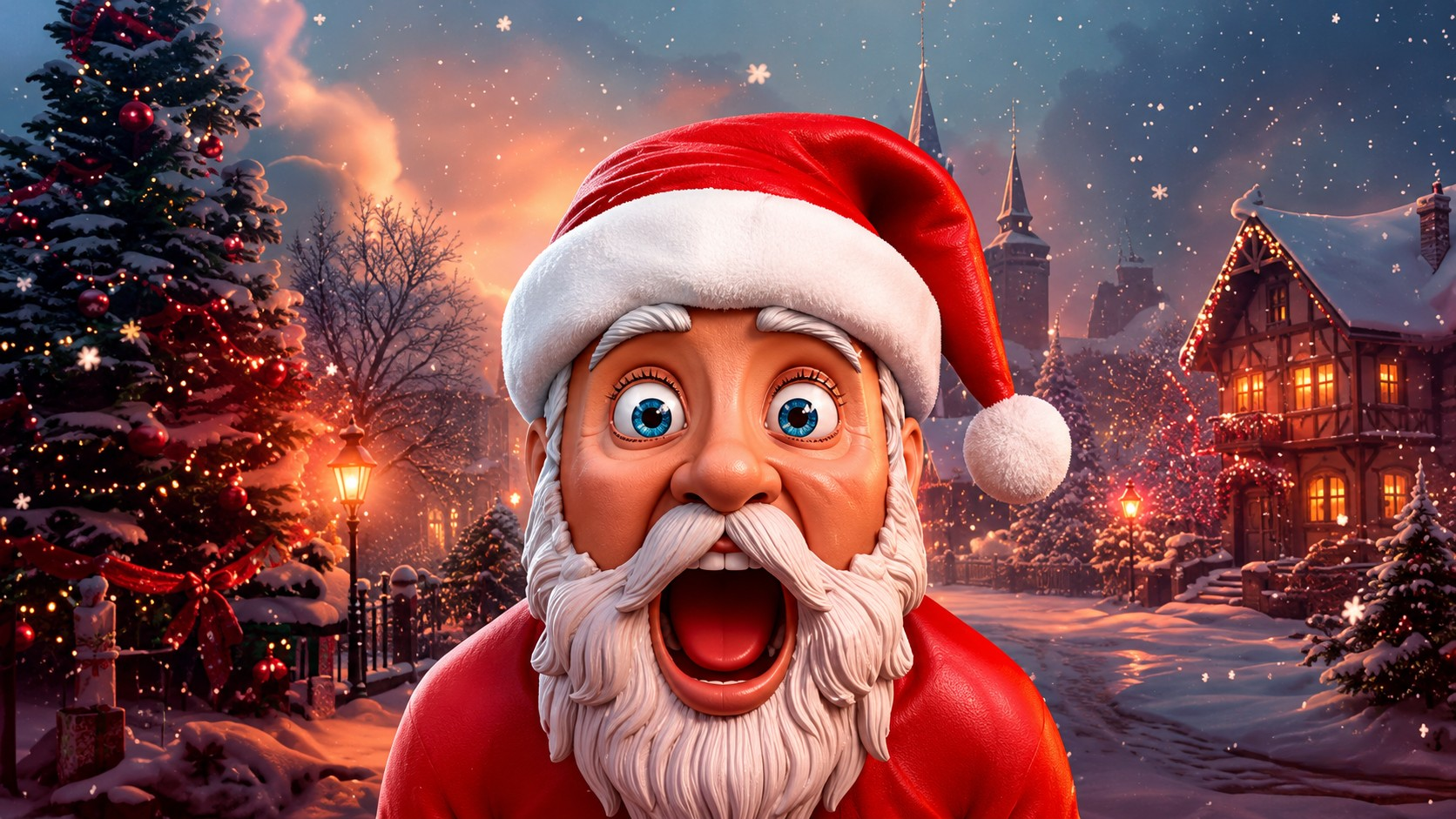 Rizzmas — wide-eyed Santa king in a snowy Christmas village