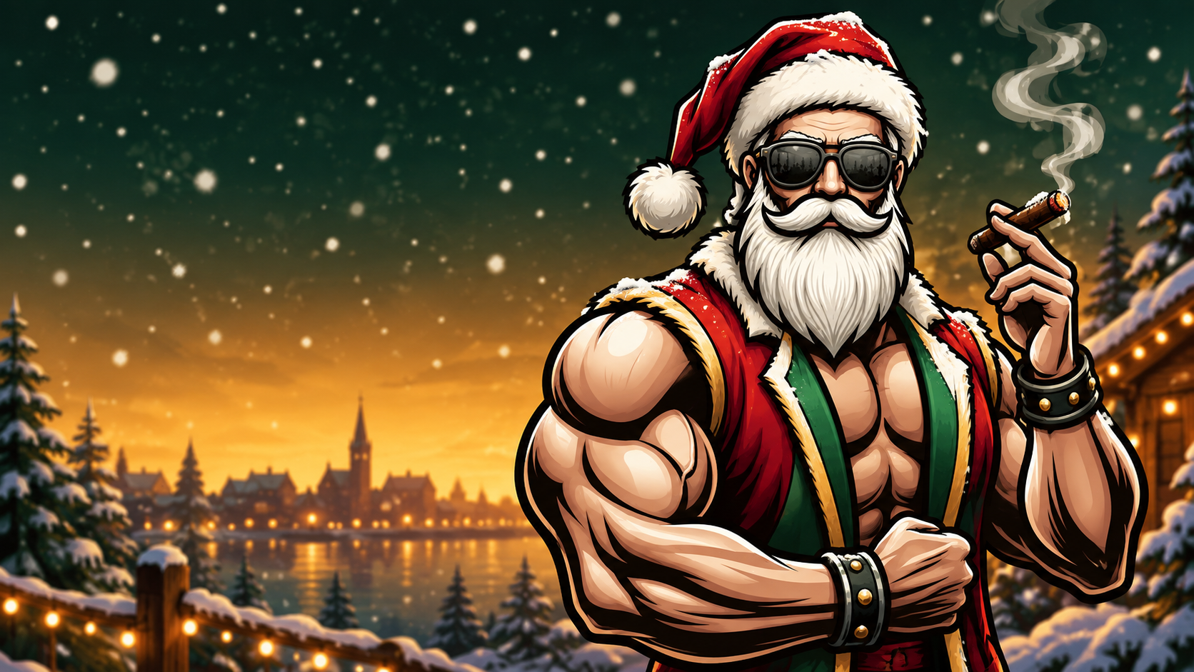 Father Rizz — the muscle Santa of Rizzmas at golden hour